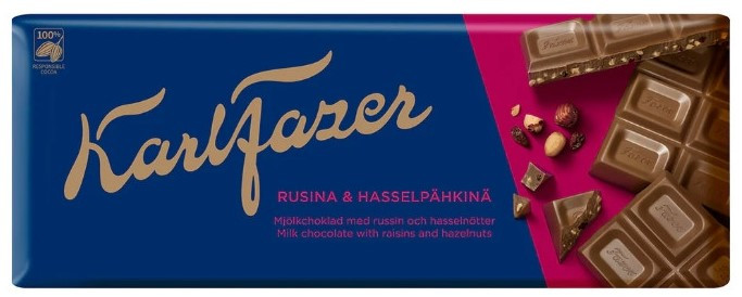 Молочный шоколад с кусочками дробленного фундука и изюма Fazer Raisin & hazelnuts 180 гр (срок реализации до 09.09.2026)