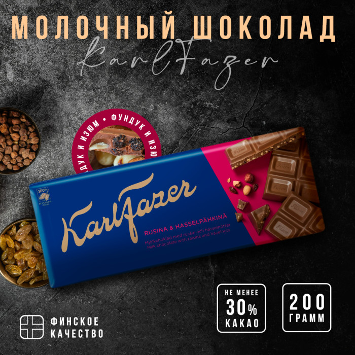 Молочный шоколад с кусочками дробленного фундука и изюма Fazer Raisin & hazelnuts 180 гр (срок реализации до 09.09.2026)