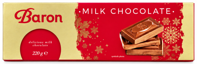 Молочный шоколад Baron Milk Chocolate 220 г — большая новогодняя плитка в праздничной упаковке