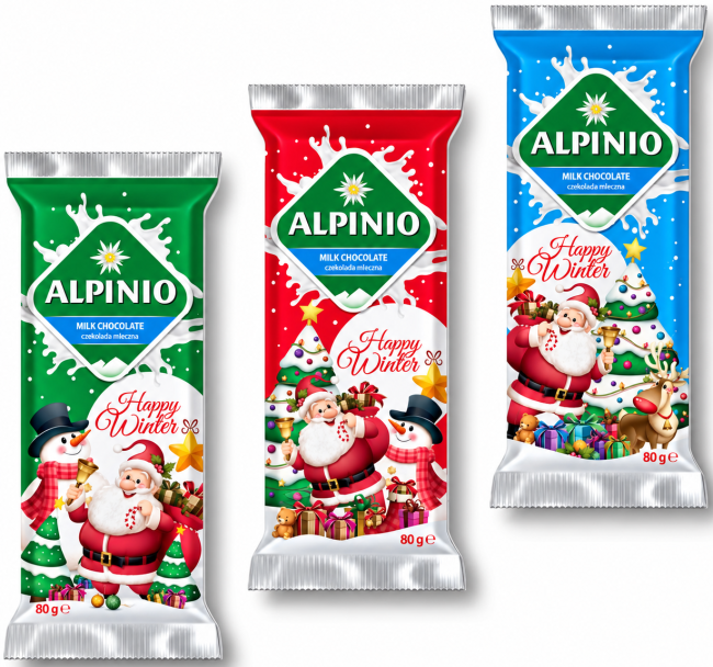 Молочный шоколад Alpino Happy Winter 80 г — новогодняя плитка с Сантой в праздничной упаковке Молочный шоколад Alpino Happy Winter 80 г — новогодняя плитка с Сантой в праздничной упаковке