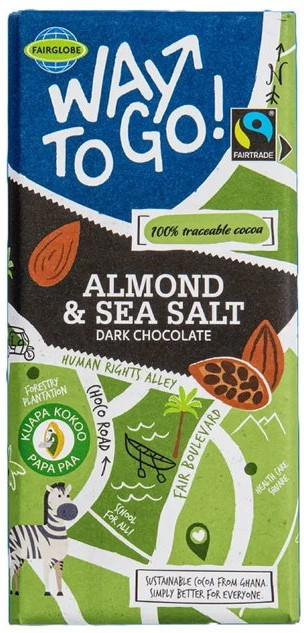 Темный шоколад Way To Go Fairtrade с миндалем и морской солью 180 г