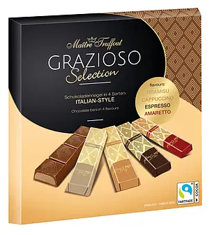 Шоколадные конфеты ассорти Maître Truffout Grazioso Selection с начинками тирамису, капучино, эспрессо и амаретто, 200 г